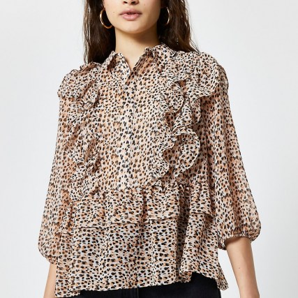 RIVER ISLAND Brown leopard print ruffle shirt top ~ animal print blouse - flipped