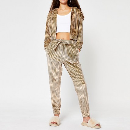 RIVER ISLAND Brown Monogram Velour Jogger ~ sports luxe joggers - flipped
