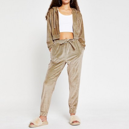 RIVER ISLAND Brown Monogram Velour Jogger ~ sports luxe joggers