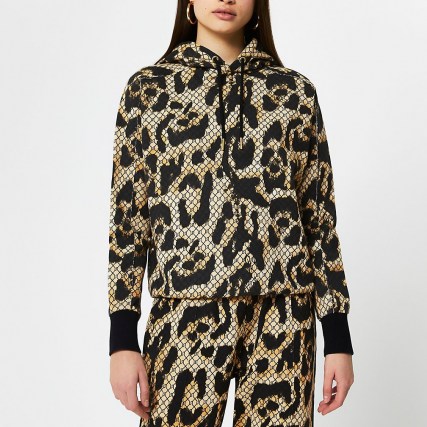 RIVER ISLAND Brown RI monogram leopard print hoodie / animal hoodies - flipped