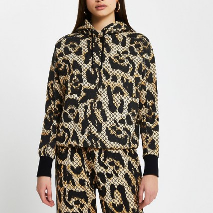RIVER ISLAND Brown RI monogram leopard print hoodie / animal hoodies