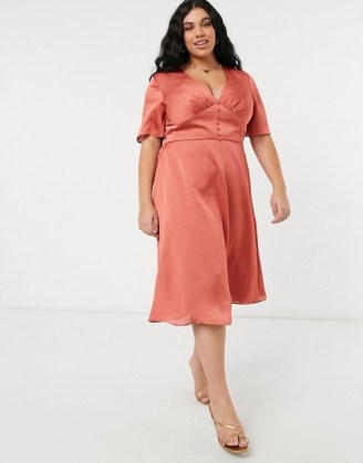 Chi Chi London Plus button down flutter sleeve midi skater dress in rust | plunging plus size satin style dresses - flipped