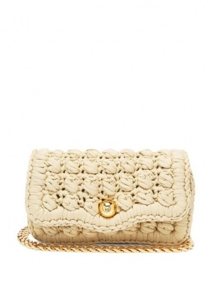 BOTTEGA VENETA Classic crochet-jersey shoulder bag ~ beige fabric flap bags ~ gold chain strap handbags