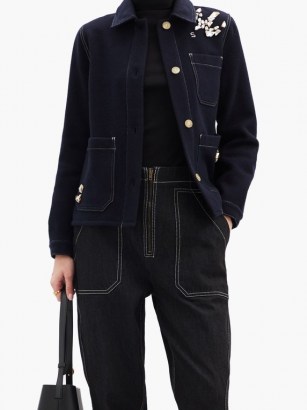 SSŌNE Craft cystal-embellished wool jacket ~ navy topstitch jackets