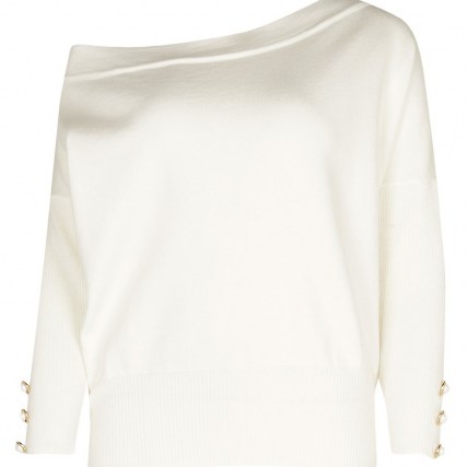 RIVER ISLAND Cream long sleeve asymmetric knit top – off one shoulder tops - flipped