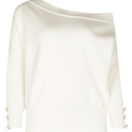 RIVER ISLAND Cream long sleeve asymmetric knit top – off one shoulder tops