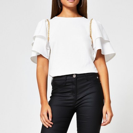 River Island Cream short sleeve frill chain detail t-shirt | embellished tee - flipped