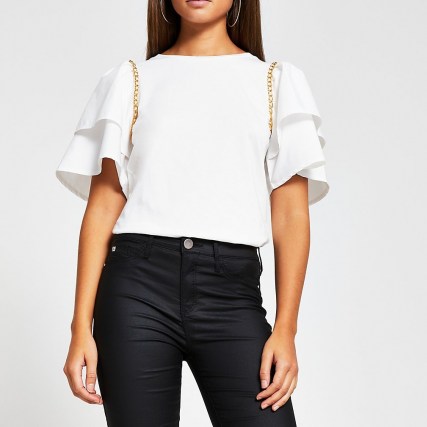 River Island Cream short sleeve frill chain detail t-shirt | embellished tee