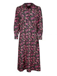 OLIVER BONAS Ditsy Floral Print Pink & Black Midi Shirt Dress / long sleeve collared dresses