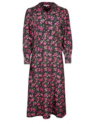 OLIVER BONAS Ditsy Floral Print Pink & Black Midi Shirt Dress / long sleeve collared dresses - flipped
