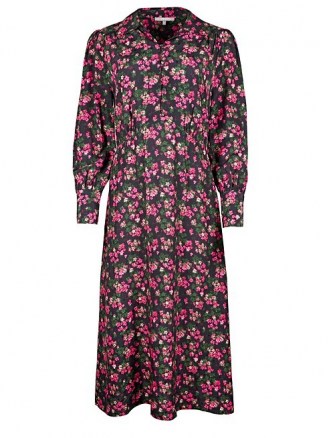 OLIVER BONAS Ditsy Floral Print Pink & Black Midi Shirt Dress / long sleeve collared dresses
