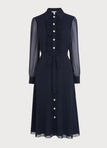 L.K. BENNETT ENSOR NAVY POLKA DOT SHIRT DRESS ~ naxy-blue spot print dresses ~ sheer sleeve clothing ~ front ruffle detail - flipped
