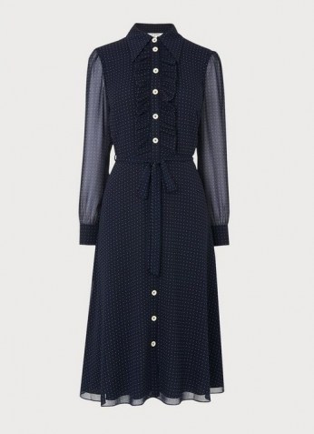 L.K. BENNETT ENSOR NAVY POLKA DOT SHIRT DRESS ~ naxy-blue spot print dresses ~ sheer sleeve clothing ~ front ruffle detail