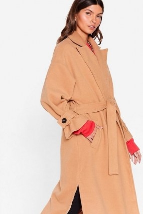 Faux Wool You Stay Awhile Belted Oversized Coat ~ camel open front tie waist coats - flipped