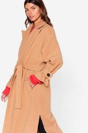 Faux Wool You Stay Awhile Belted Oversized Coat ~ camel open front tie waist coats