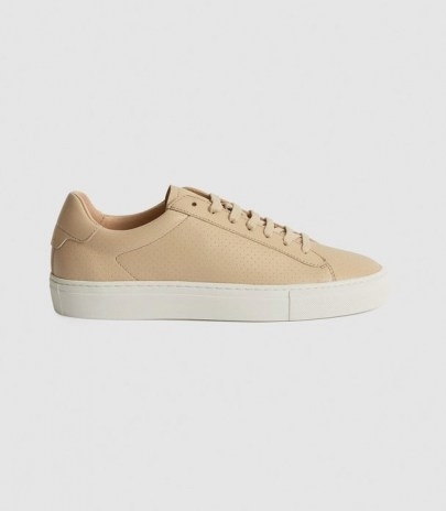 REISS FINLEY PERFORATED LEATHER TRAINERS BISCUIT - flipped
