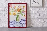 Frances Costelloe, ‘Dahlias on Gingham Table’ A2 Limited Edition Framed Print ~ wall prints ~ floral art ~ flowers in vase painting