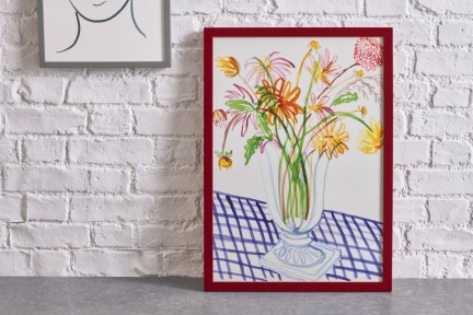 Frances Costelloe, ‘Dahlias on Gingham Table’ A2 Limited Edition Framed Print ~ wall prints ~ floral art ~ flowers in vase painting - flipped