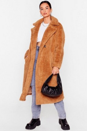 Fur Once in My Life Faux Fur Longline Coat ~ textured camel brown coats - flipped