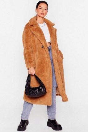 Fur Once in My Life Faux Fur Longline Coat ~ textured camel brown coats