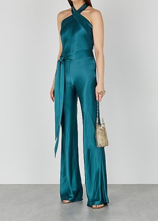 New In GALVAN Eve teal wide-leg satin jumpsuit ~ party glamour ~ glamorous evening jumpsuits ~ jewel tone occasion fashion - flipped