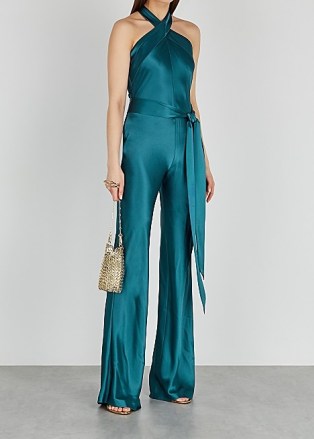 New In GALVAN Eve teal wide-leg satin jumpsuit ~ party glamour ~ glamorous evening jumpsuits ~ jewel tone occasion fashion