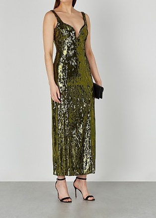 GALVAN Savannah olive sequin dress ~ glittering green plunge front occasion dresses - flipped