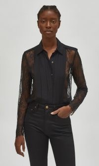 EQUIPMENT GENIVEE TOP – black semi sheer shirts – collared lace tops