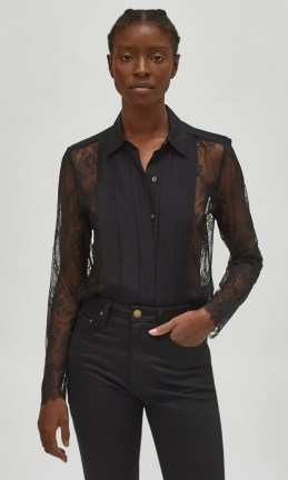 EQUIPMENT GENIVEE TOP – black semi sheer shirts – collared lace tops