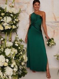 Chi Chi One Shoulder Satin Finish Maxi Bridesmaids Dress in Green – side split bridesmaids dresses