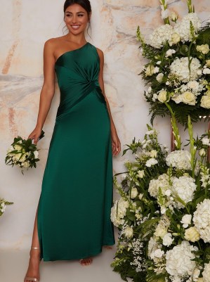 Chi Chi One Shoulder Satin Finish Maxi Bridesmaids Dress in Green – side split bridesmaids dresses - flipped