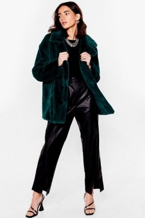 Go Faux Fur It Petite Oversized Coat ~ teal green winter coats - flipped