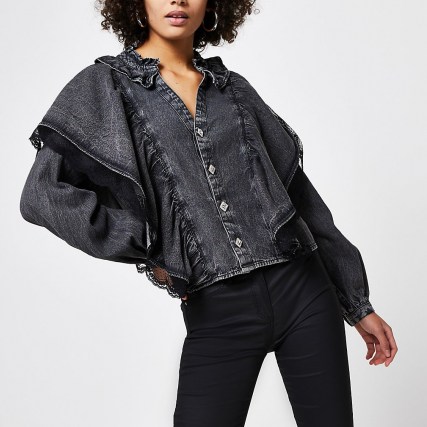 River Island Grey denim frill mesh blouse top | frilled blouses - flipped