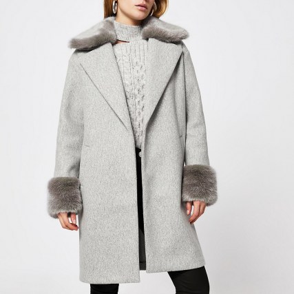 RIVER ISLAND Grey faux fur collar coat ~ open front coats - flipped