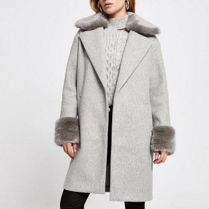 RIVER ISLAND Grey faux fur collar coat ~ open front coats