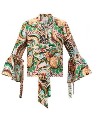 LA DOUBLEJ Happy Wrist bell-sleeve peacock-print silk blouse / vintage style prints / retro fashion - flipped