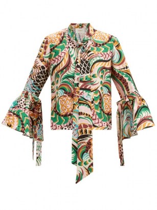 LA DOUBLEJ Happy Wrist bell-sleeve peacock-print silk blouse / vintage style prints / retro fashion