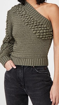 Helmut Lang Off Shoulder Top in Hunter Sage ~ textured chunky knit one shoulder tops ~ asymmetric knitwear - flipped