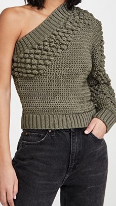 Helmut Lang Off Shoulder Top in Hunter Sage ~ textured chunky knit one shoulder tops ~ asymmetric knitwear
