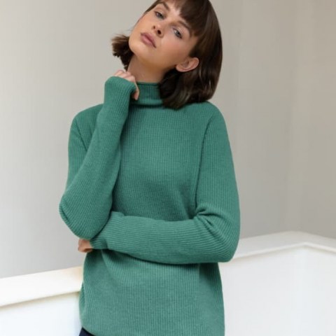 Les 100 Ciels Iclyn Cashmere Jumper In Turquoise | ribbed high neck jumpers - flipped