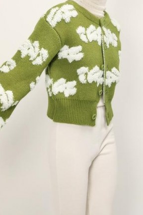storets Lily Fuzzy Cloud Knit Cardigan | olive green cardigans - flipped