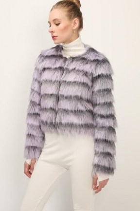 storets Melany Striped Cropped Faux Fur Jacket / fluffy crop hem jackets