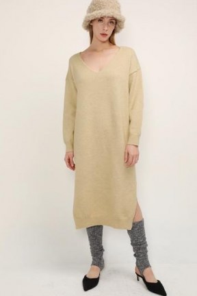 storets Lillian V-neck Knit Maxi Dress | beige sweater dresses - flipped