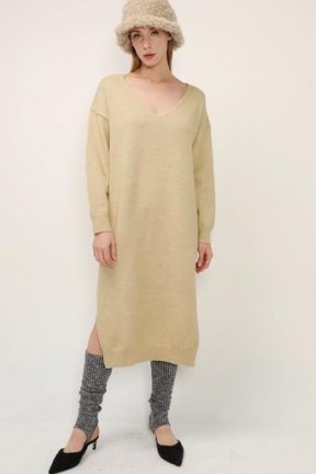 storets Lillian V-neck Knit Maxi Dress | beige sweater dresses