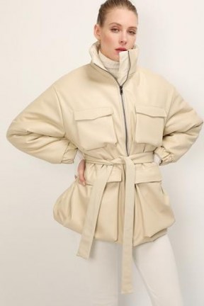 STORETS Emmalyn Belted Pleather Puffer Coat – beige faux leather coats - flipped