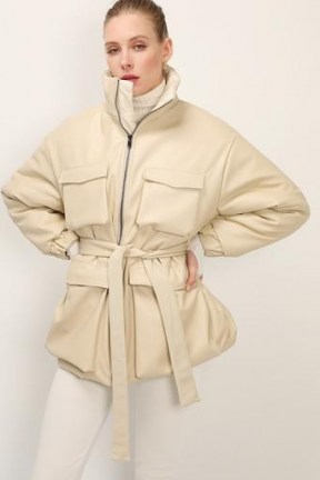 STORETS Emmalyn Belted Pleather Puffer Coat – beige faux leather coats