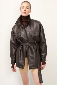 STORETS Lilian Fur Lined Pleather Belted Jacket – brown faux leather jackets