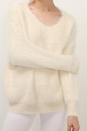storets Aubrey Furry Sweater | fluffy ivory sweaters | textured V-neck jumper