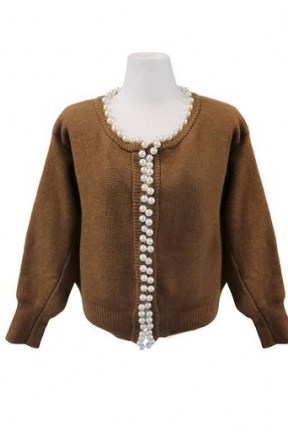 storets Claire Pearl Trim Cardigan ~ brown embellished cardigans ~ knithwear with faux pearls - flipped