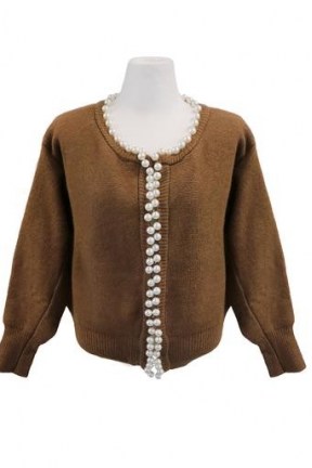 storets Claire Pearl Trim Cardigan ~ brown embellished cardigans ~ knithwear with faux pearls